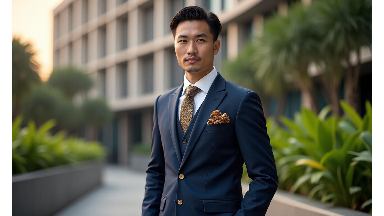 Model mengenakan pakaian Adibusana Pria Nusantara dengan latar belakang arsitektur Indonesia modern