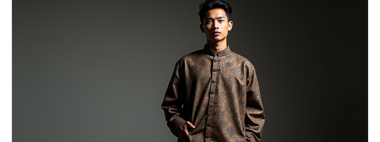 Model mengenakan pakaian Adibusana Pria Nusantara dengan latar belakang kain tradisional